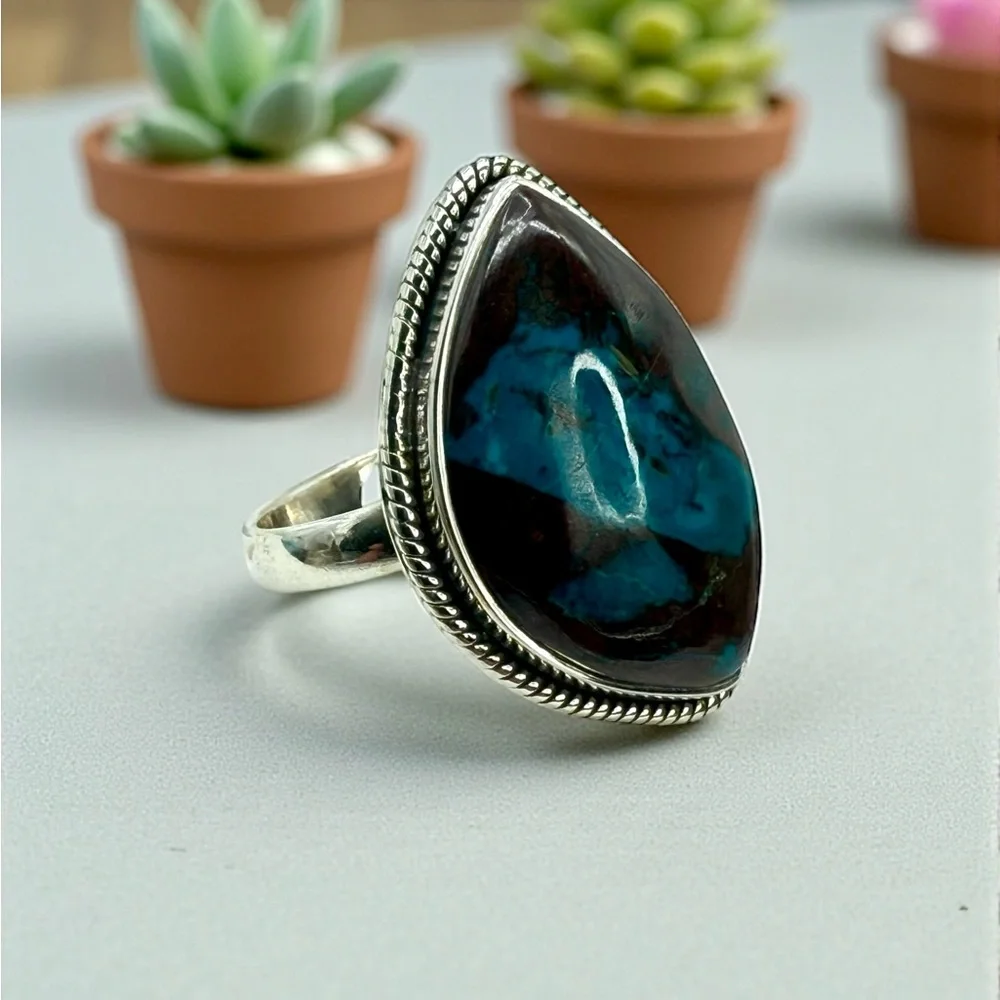 Genuine Shattuckite Statement Ring – 925 Sterling Silver – Boho Caribbean Chic